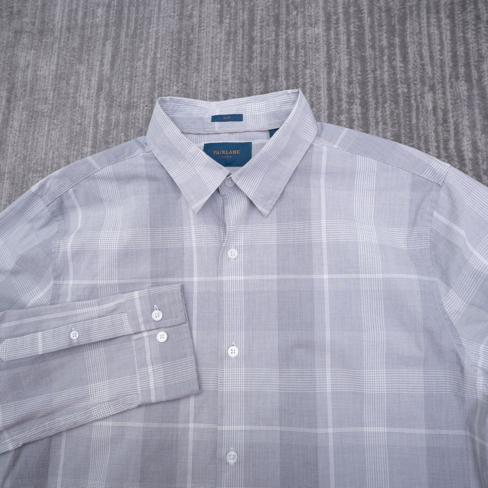 Fairlane Slim Fit Stretch Plaid Button Up Shirt Men Large Grey White Long Sleeve